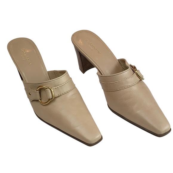 Liz Claiborne Flex Beige Leather Pointed Toe Buckle Block Heel Mules Womens 10M - Picture 5 of 8